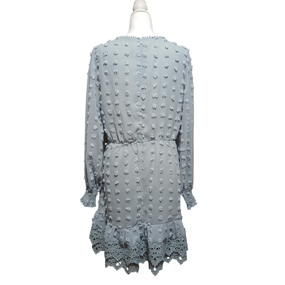 Simplee Light Blue Swiss Dot Crochet Lace Mini Dress Long Sleeve Size L - Picture 3 of 9